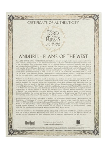 United Cutlery, Lord Of The Rings, Anduril Sværd, Museum Collection - Ægthedscertifikat